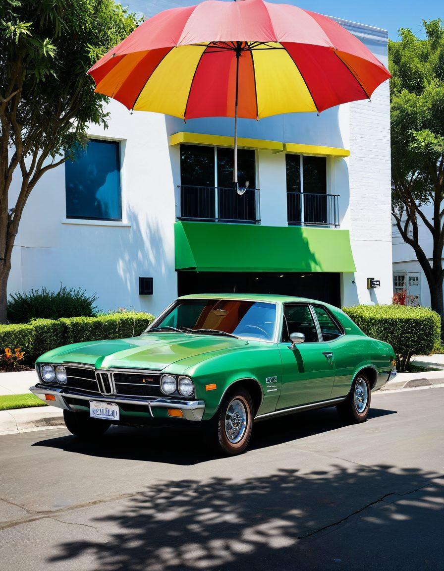 A visually striking representation of a modern car parked under a protective umbrella labeled 'Insurance', surrounded by various car insurance quotes floating like balloons in the sky. The scene conveys a sense of safety and security, with vibrant colors highlighting the umbrellas and quotes. Include a serene background of a suburban street with trees and houses. super-realistic. vibrant colors. white background.