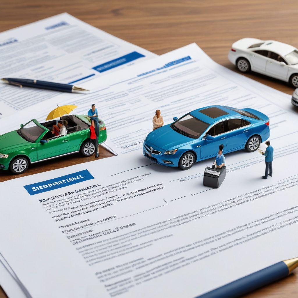 An informative scene depicting various types of vehicle coverage options, including car insurance documents, a calculator, and a family discussing choices. The background can feature a car showroom or an open road, highlighting freedom. Visual symbols of protection, like a shield or umbrella, gracefully integrated into the design. Clean and modern design with a palette of blues and greens for a trustworthy feel. super-realistic. vibrant colors. white background.